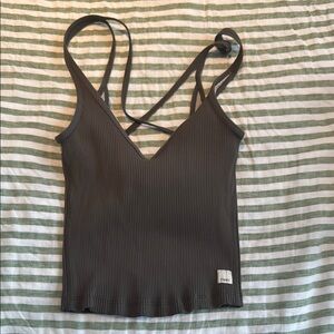 Vuori Gray Plunge V-Neck Sleeveless Ribbed Crop Tank Top / Sports bra